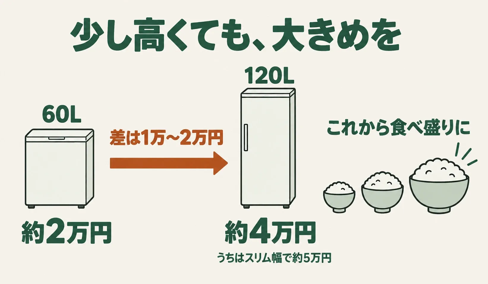 60Lは約2万円、120Lは約4万円で差は1万〜2万円。うちはスリム幅で約5万円。これから食べ盛りになる子供を見越して大きめを選んだ