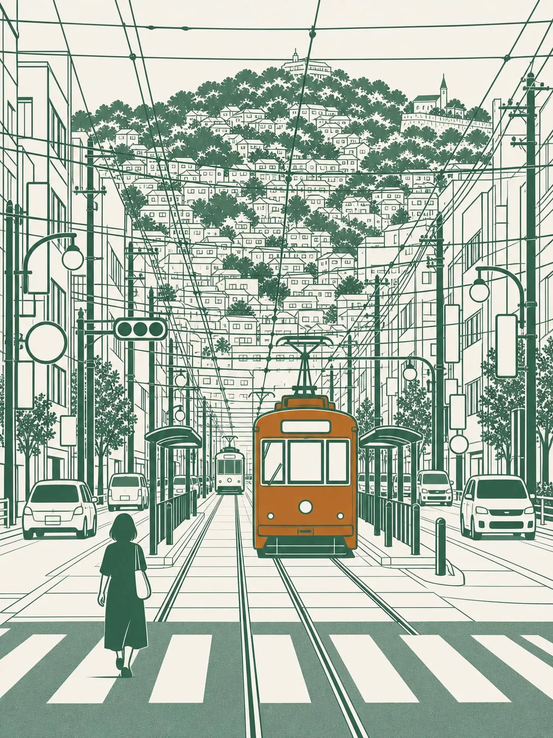 長崎の路面電車が走る通りのイラスト。頭上に架線が張られ、奥の斜面には家が段々に並ぶ