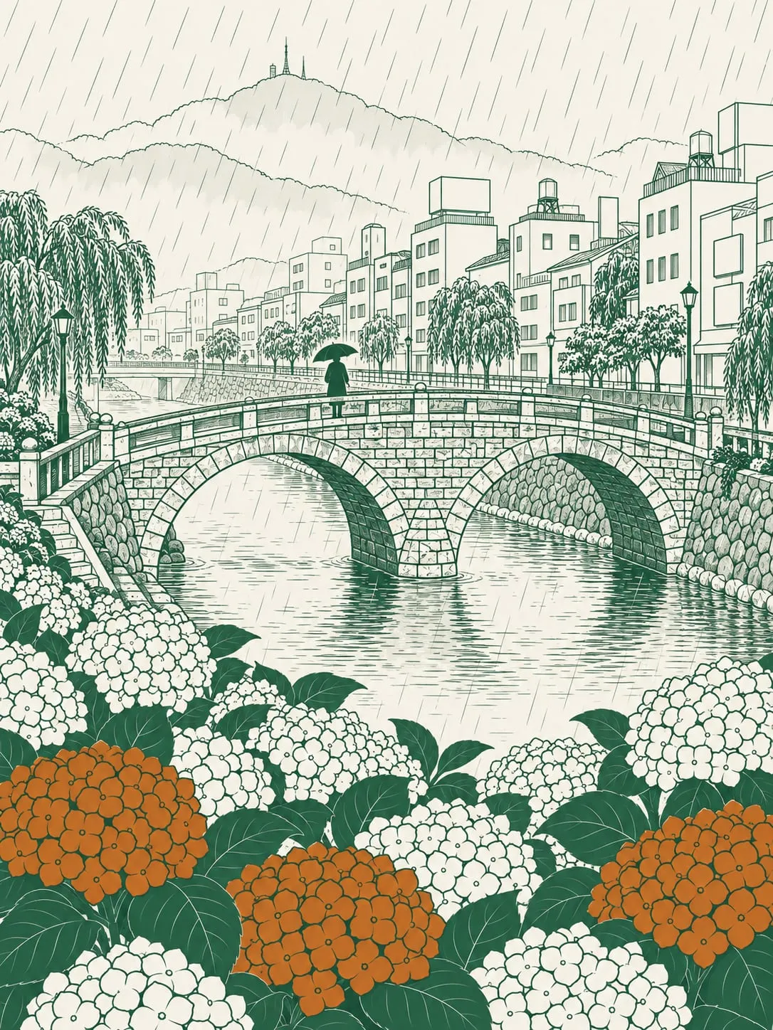 雨の長崎、眼鏡橋と紫陽花のイラスト